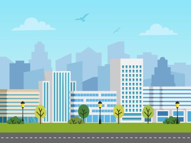 Şehir kentsel vektör manzara, binalar ve gökdelenler