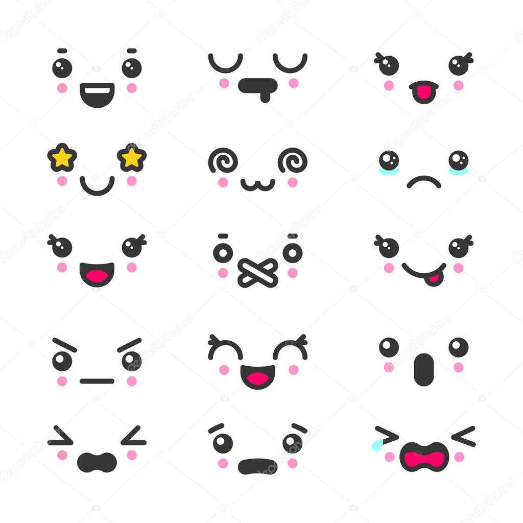 Kawaii cute faces emoticons icon vector set