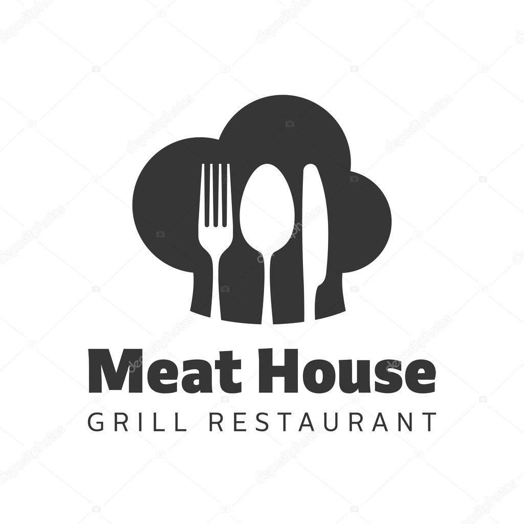 Food vector logo with fork, knife and spoon. Isolated sign. Cutlery in toque form with company or restaurant name