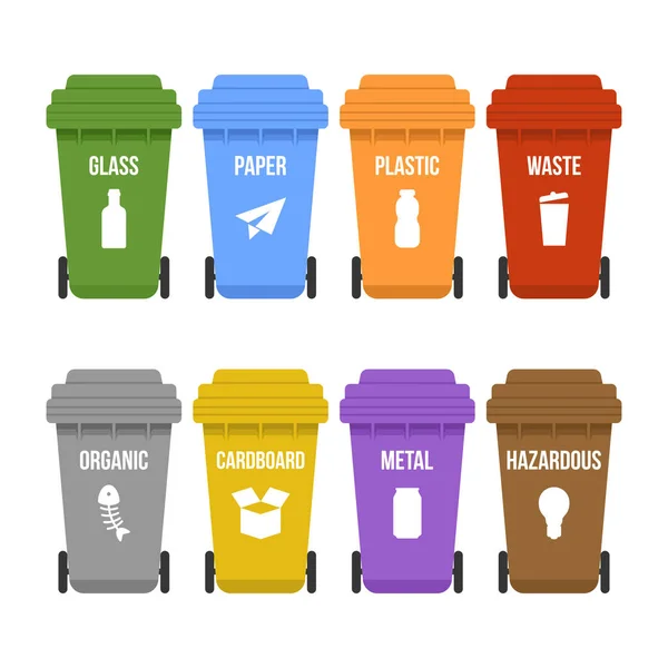 Veelkleurige recycle afvalbakken op wielen voor afzonderlijke garbagecollection — Stockvector