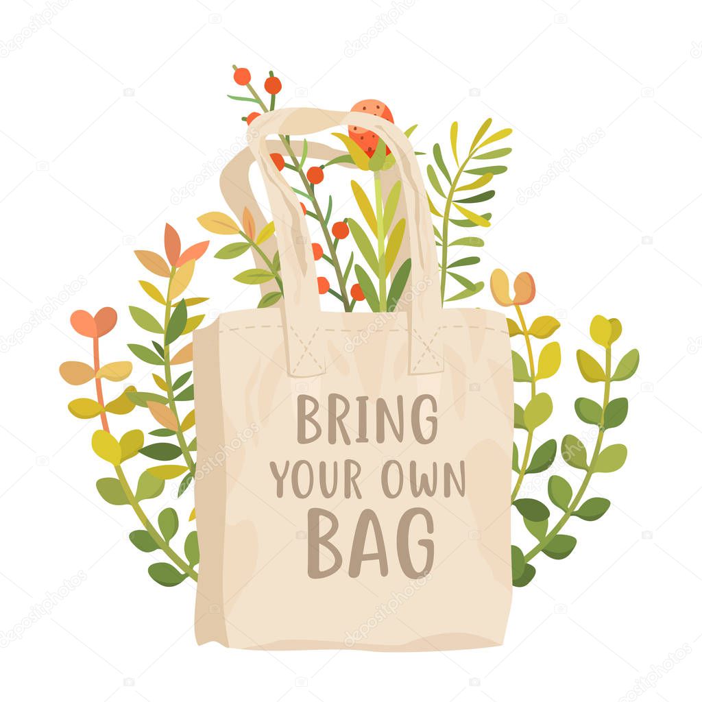 Bring your own bag vector poster. Use reusable cotton bag