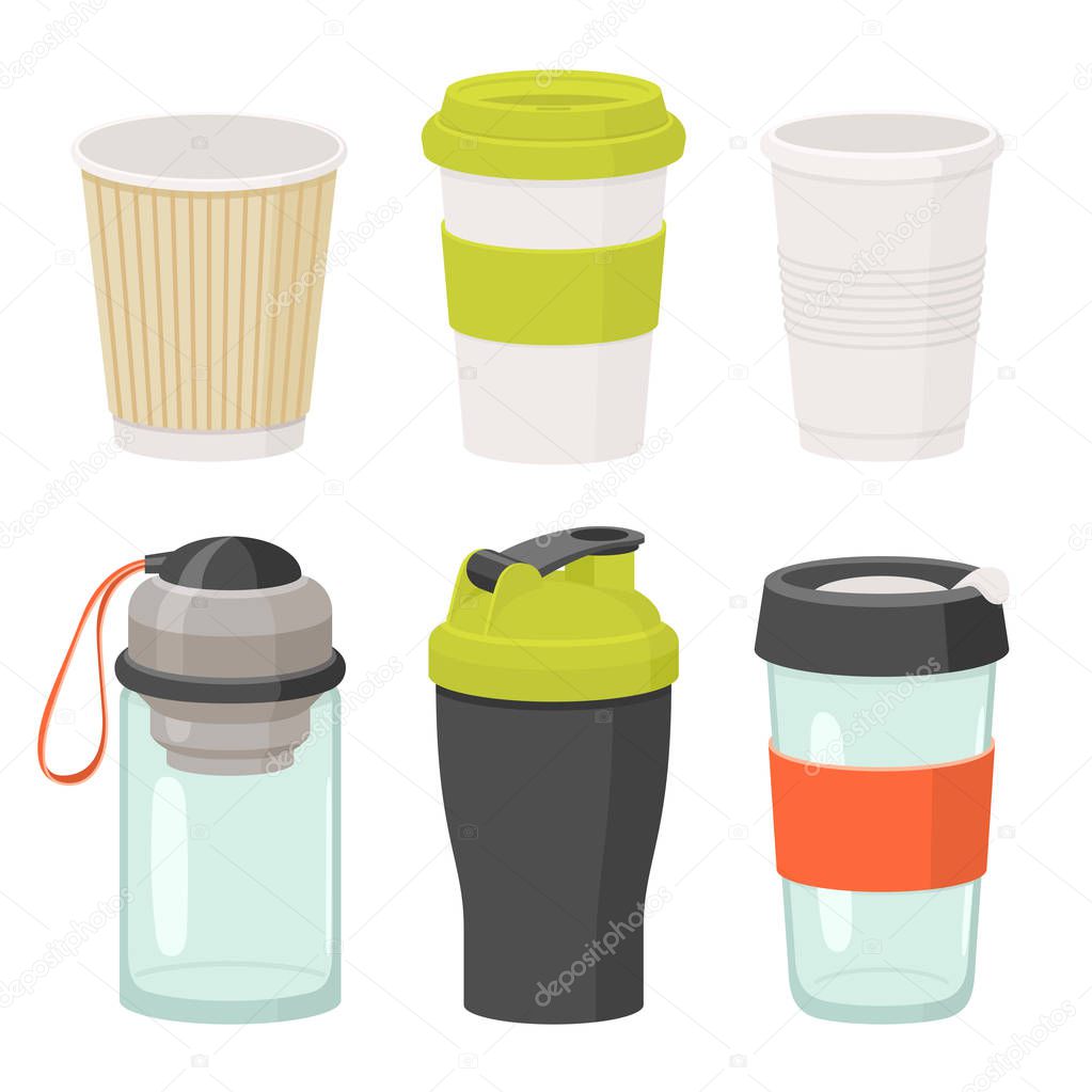 Cups and drink glasses vector icon set