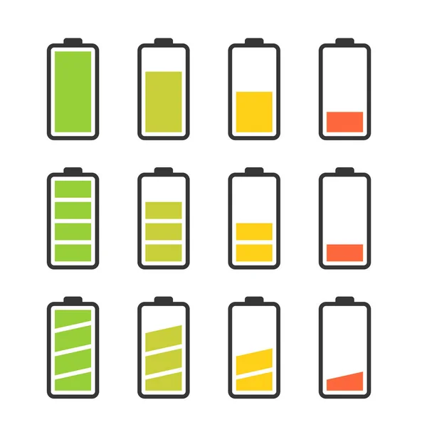 Set icona batteria con indicatori di livello di carica colorati — Vettoriale Stock