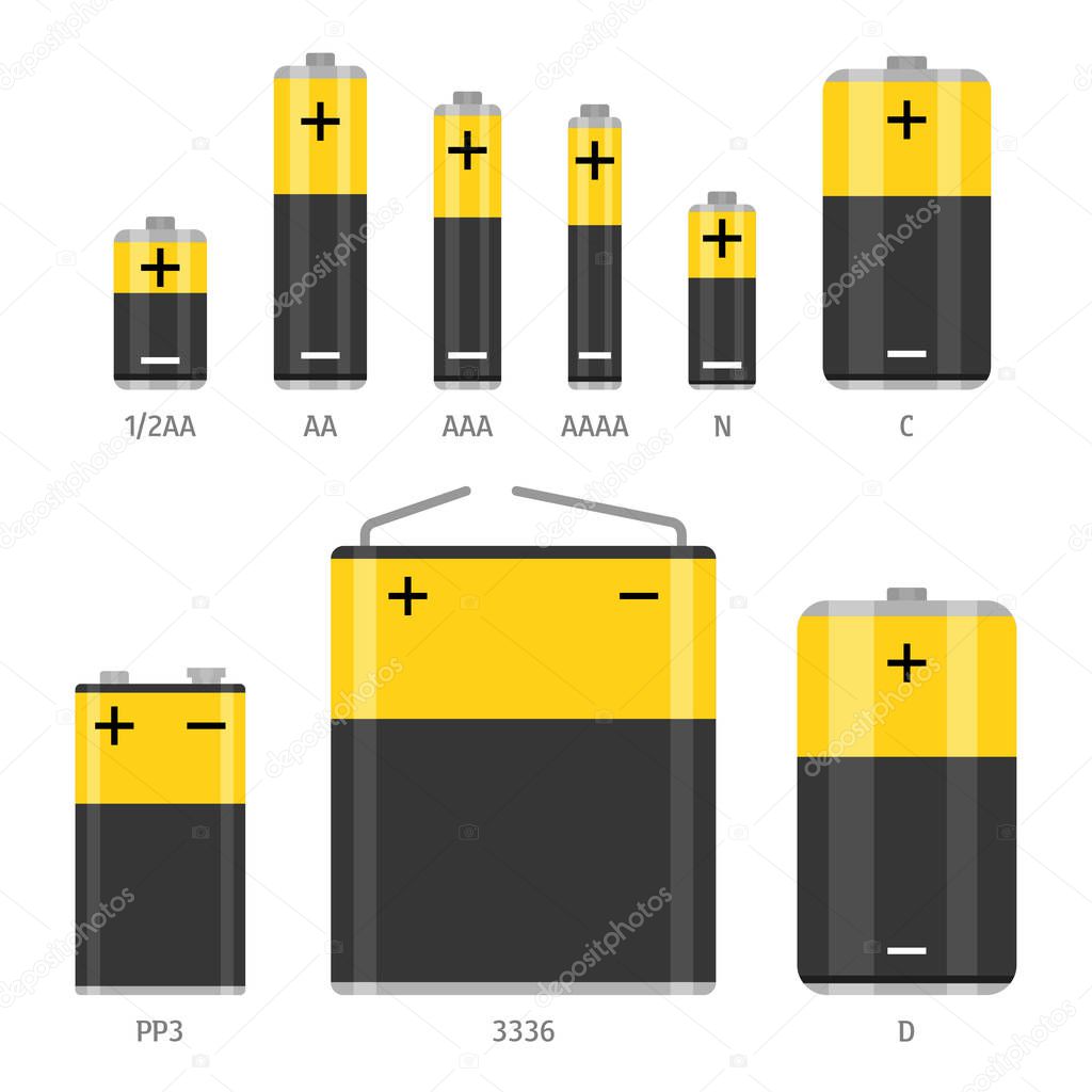 Alkaline battery different sizes vector icons set