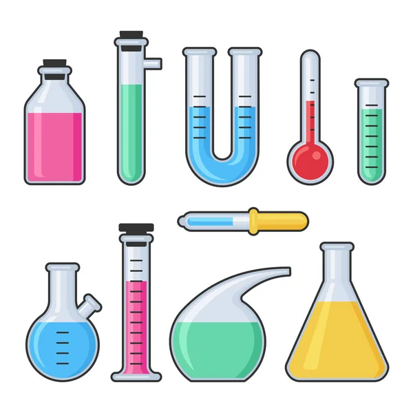 Kemian tieteen laboratorion koelasiputki ja pullovektorisarja — vektorikuva