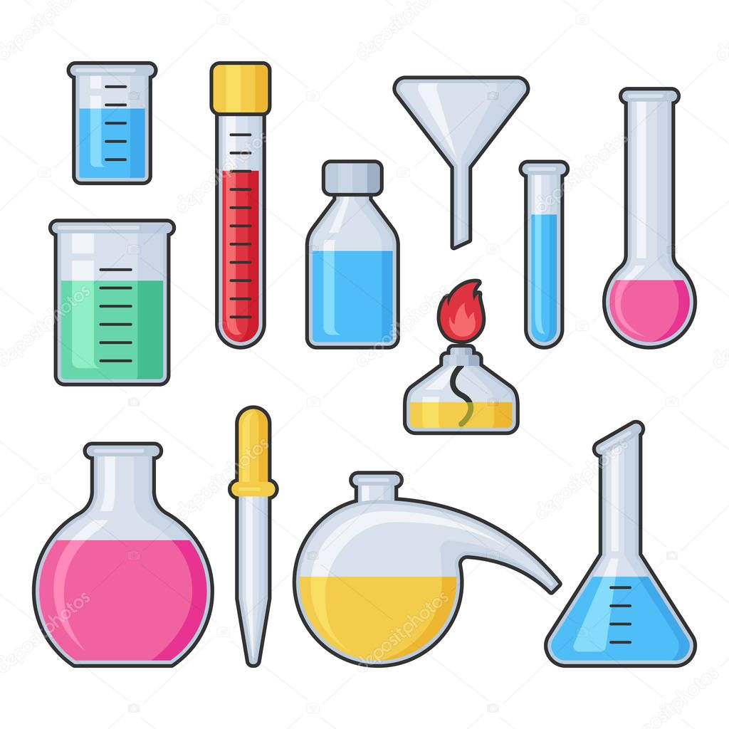 Chemistry science laboratory test glass tube and flask vector set
