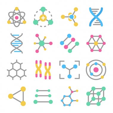Atomlar, moleküller, DNA, kromozomlar renkli vektör simgesi seti