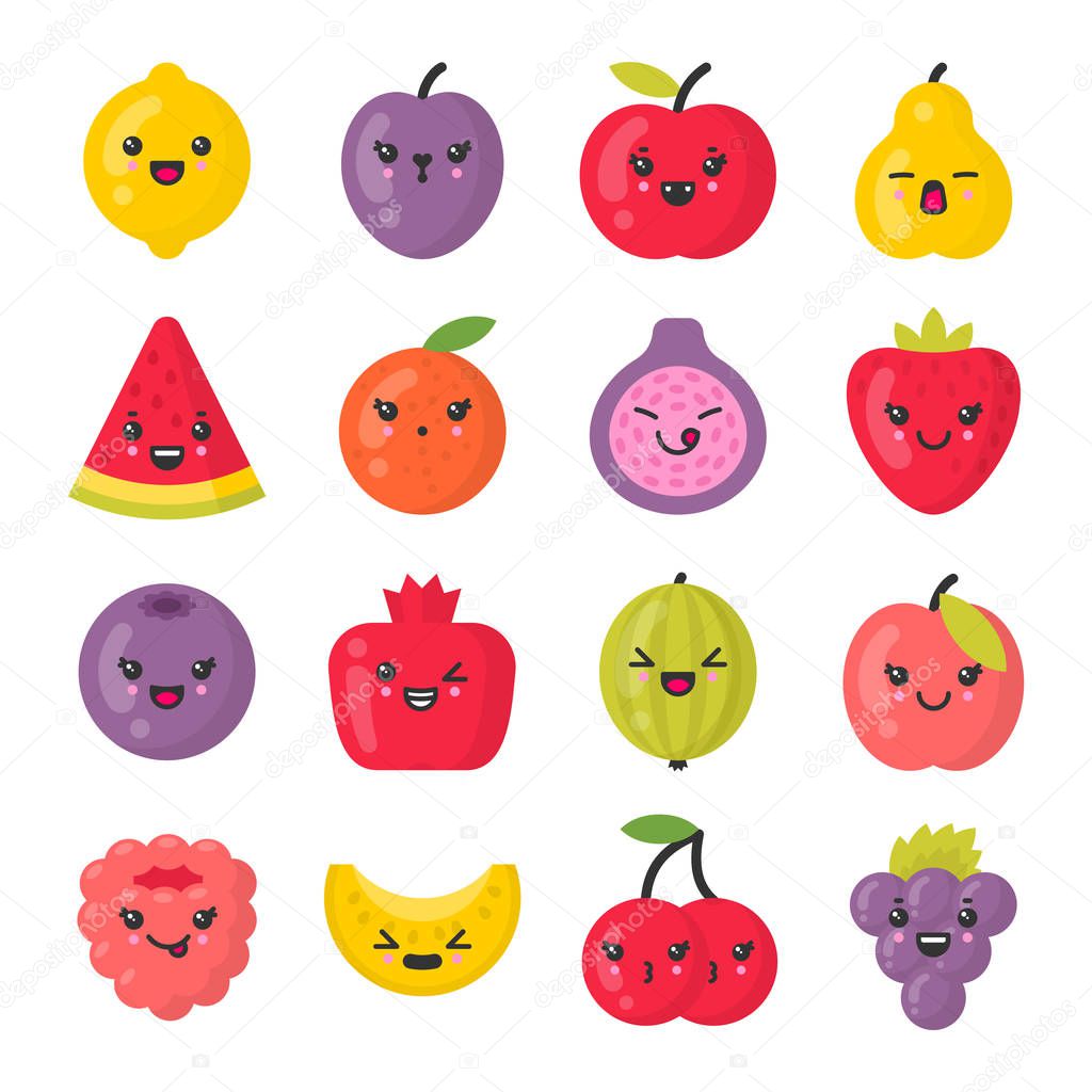 Cute smiling fruits, isolated colorful vector icon set