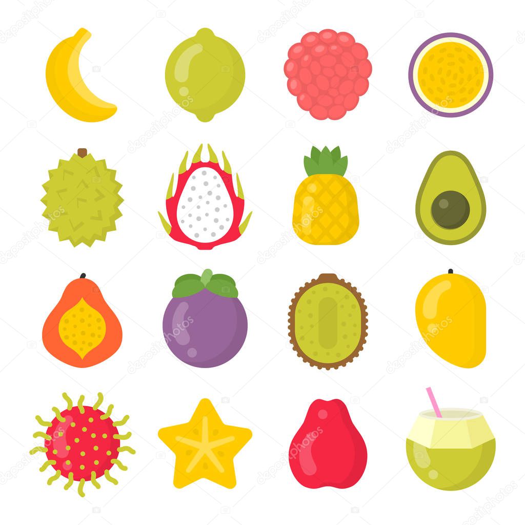 Exotic fruits isolated colorful vector icons set