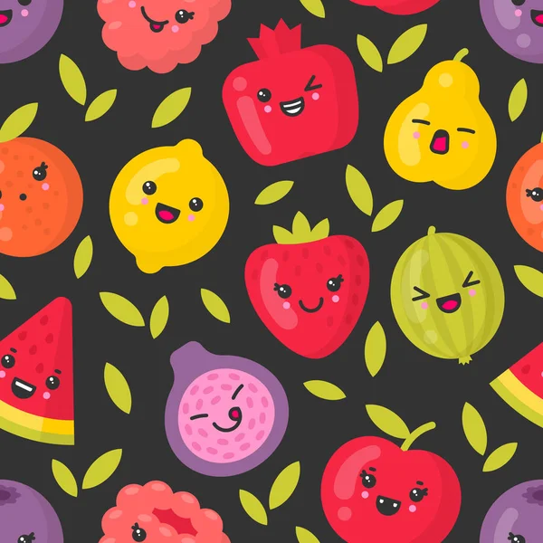 Fruits souriants mignons, motif vectoriel sans couture sur fond sombre — Image vectorielle