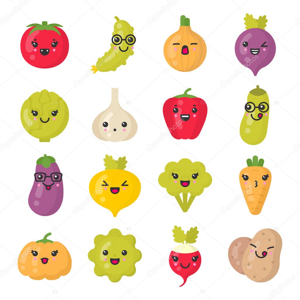 Cute smiling vegetables, isolated colorful vector icon set