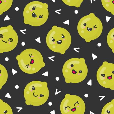 Sevimli gülümseyen kireç meyveleri, koyu arka planda vektör Dikişsiz desen