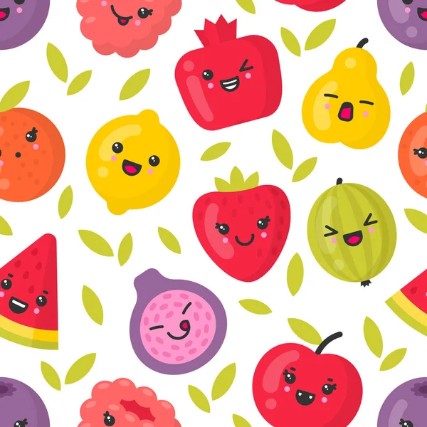 Cute smiling fruits, vector seamless pattern on white background — Stock Vector