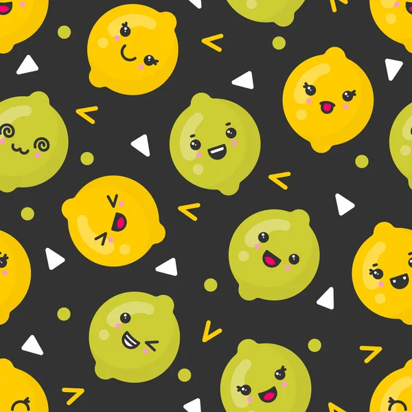Söt leende citron och limefrukter, vektor sömlösa mönster på mörk bakgrund — Stock vektor