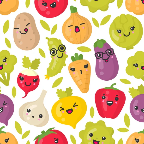 Légumes souriants mignons, motif vectoriel sans couture sur fond blanc — Image vectorielle