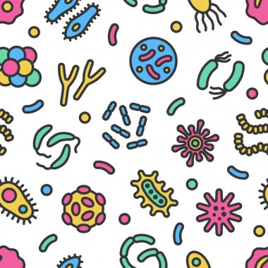 Bacteria, microbe, virus colorful vector seamless pattern with outline clipart