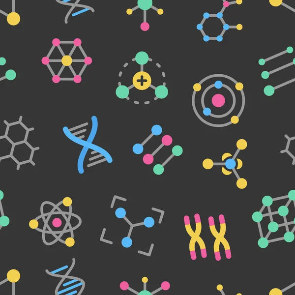 Atoms, molecules, dna, chromosomes colorful vector seamless pattern on dark background