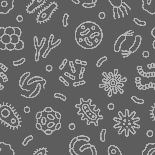 Bakterien, Mikroben, Virus-Umrissvektor nahtlose Muster auf grauem Hintergrund — Stockvektor