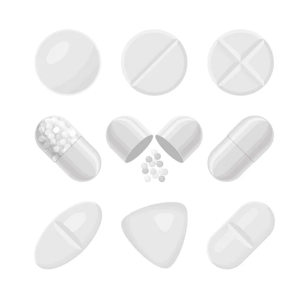 药丸和药物矢量白色现实图标集 — 图库矢量图片