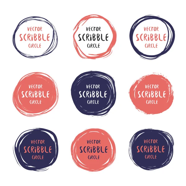 Hand getekende Krabbel kleurrijke cirkels en labels met tekst vector set — Stockvector