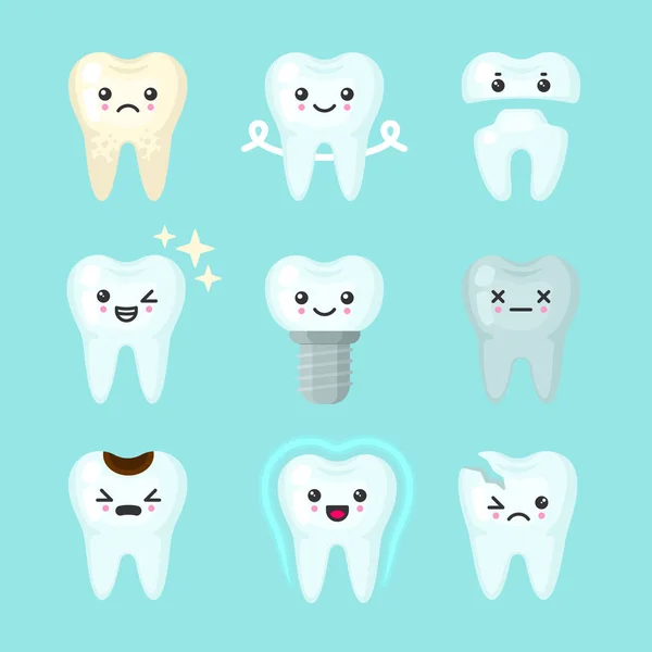 Dientes lindos vector colorido conjunto con diferentes emociones. Diferentes condiciones dentales — Archivo Imágenes Vectoriales