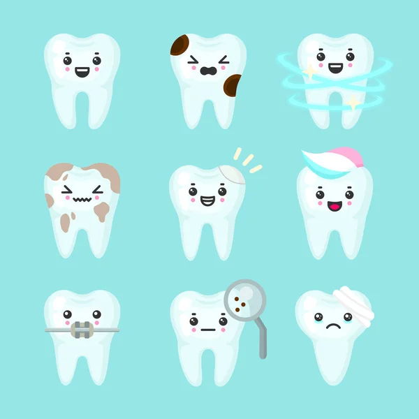 Krásné zuby barevný vektor nastavený s různými emocemi. Různé zubní podmínky — Stockový vektor