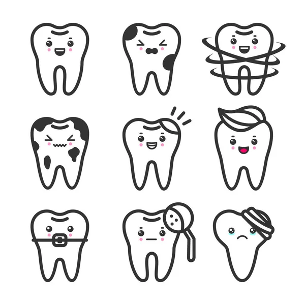 Dientes lindos contorno vector conjunto con diferentes emociones. Diferentes condiciones dentales — Archivo Imágenes Vectoriales