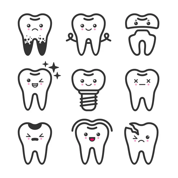 Dientes lindos contorno vector conjunto con diferentes emociones. Diferentes condiciones dentales — Archivo Imágenes Vectoriales