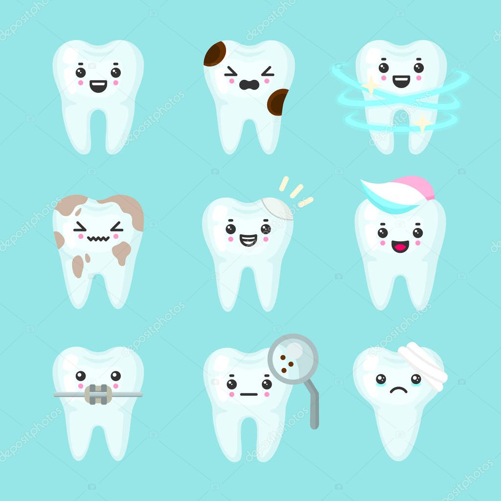 Cute teeth colorful vector set with different emotions. Different tooth conditions