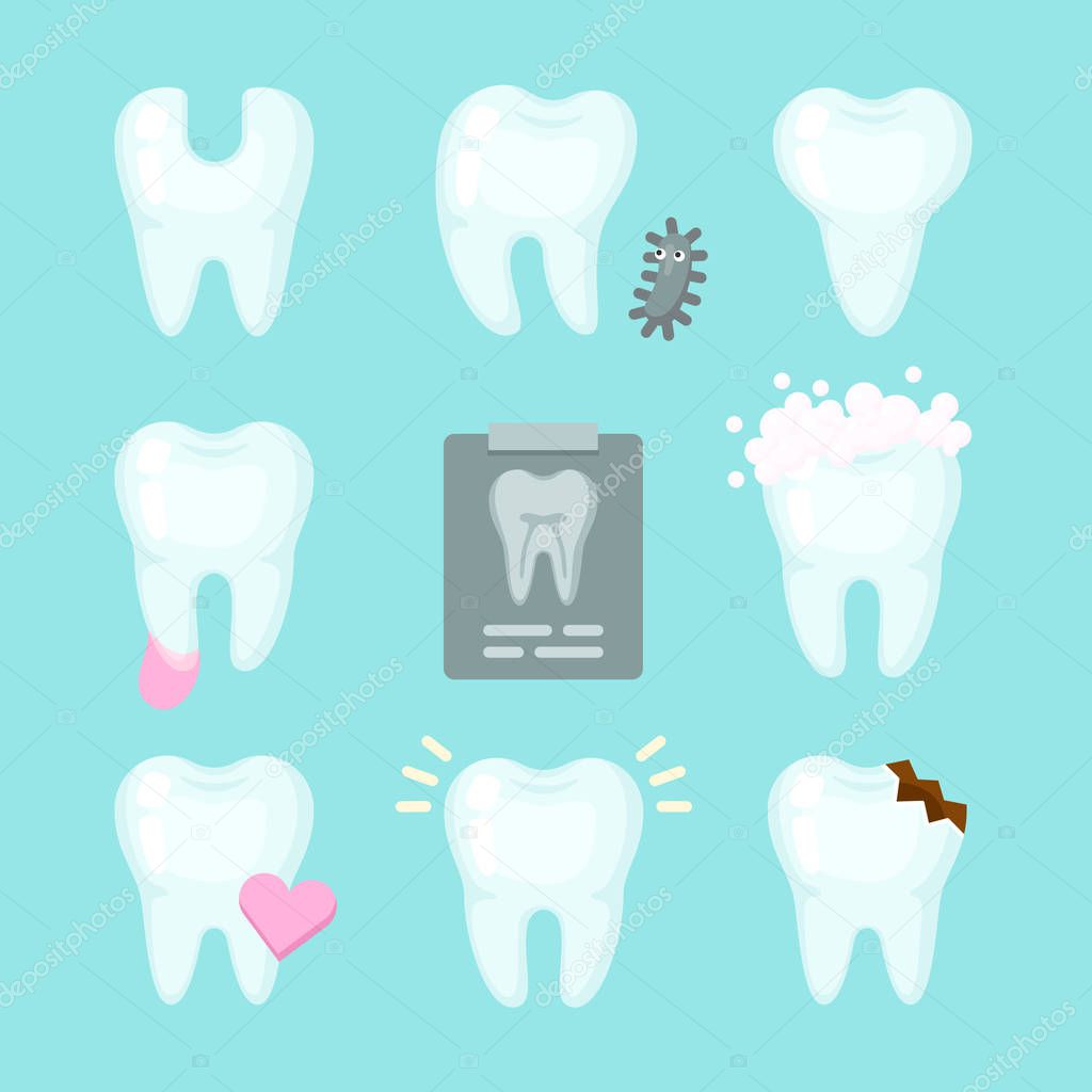 Cute teeth colorful vector set with different tooth conditions