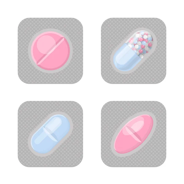 Embalagens de bolhas com pílulas de forma diferente conjunto vetorial realista colorido — Vetor de Stock