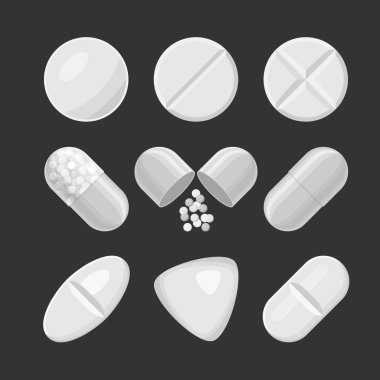 Pills ve ilaçlar vektör beyaz gerçekçi simge koyu arka plan üzerinde ayarlanmış