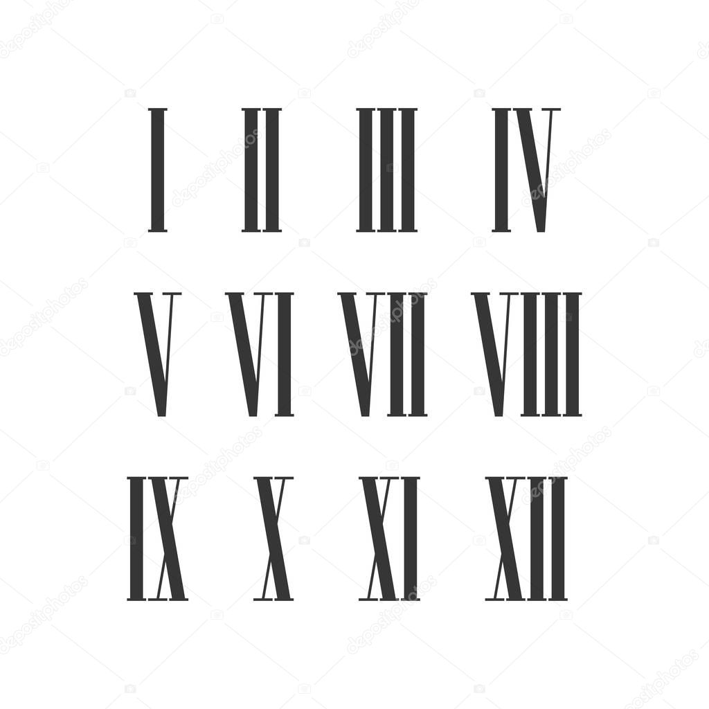 Twelve narrow roman numeral vector set for roman clock