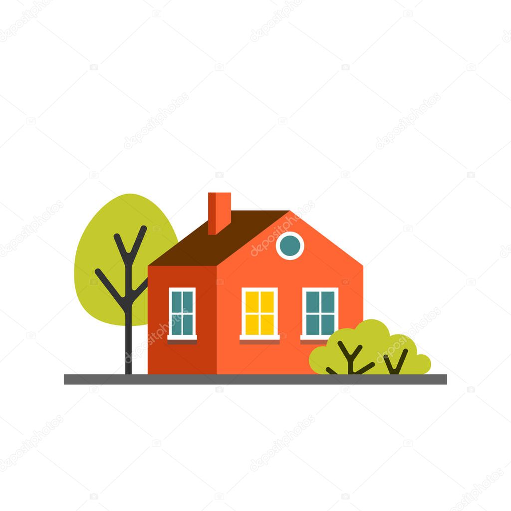 Small cartoon red orange house with trees, isolated vector illustration