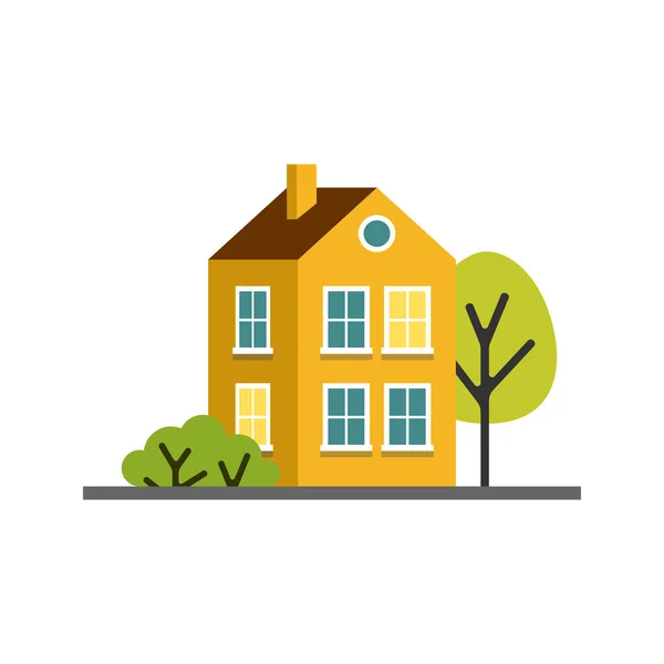 Μικρό καρτούν κίτρινο σπίτι με δέντρα, απομονωμένη διανυσματική απεικόνιση — Διανυσματικό Αρχείο