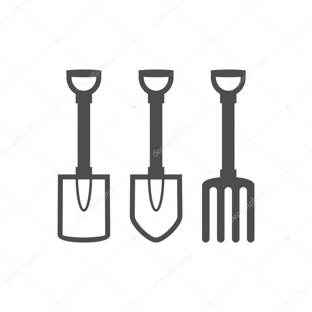 Shovels and pitchfork black vector icon, garden tool, equipment and accessory