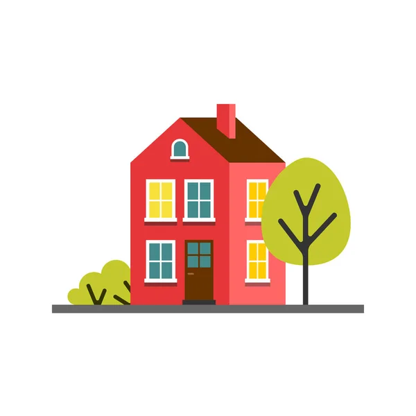 Kleine cartoon rode magenta huis met bomen, geïsoleerde vector illustratie — Stockvector