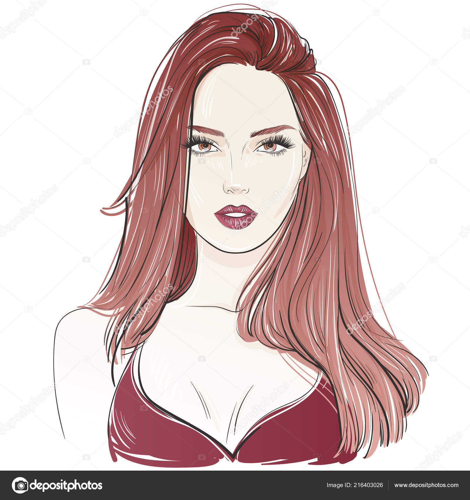 Fashion Sexy Beautiful Woman Long Red Wavy Hair Vector Hand
