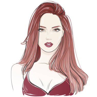 Uzun kırmızı dalgalı saçlı seksi güzel kadın moda. Vektör el çizilen illüstrasyon.