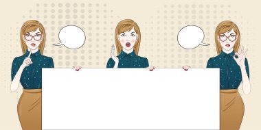 Pop art kadın yüzü Vay. Sexy Genç kadın konuşma balonu şaşırttı. Vektör parlak arka planda pop sanat retro komik tarzı.