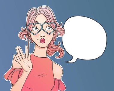 Pop art kadın yüzü Vay. Baba seksi sanat geniş açık gözleri sürpriz kadınla closeup kedi gözüne gözlük tutar. Vektör renkli çizgi roman tarzı çizim.