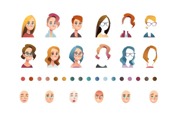 Gente Enfrenta Creador Icono Plano Ilustraciones Avatar Persona Jovencita Estilo — Vector de stock