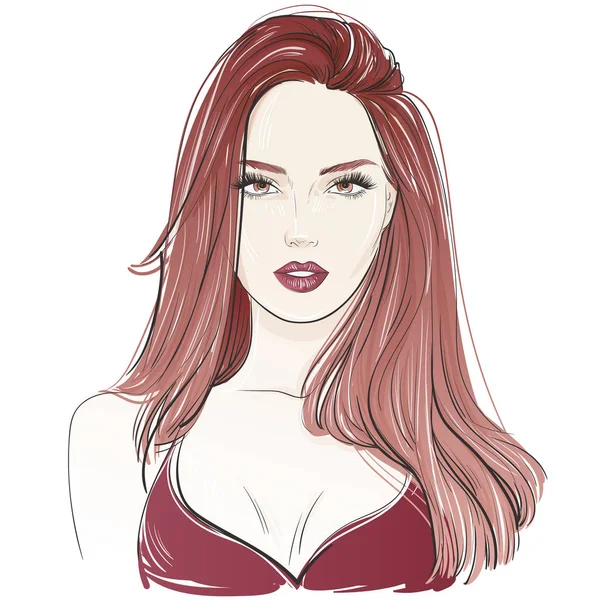 Moda Mulher Bonita Sexy Com Cabelo Ondulado Vermelho Longo Ilustração —  Vetores de Stock