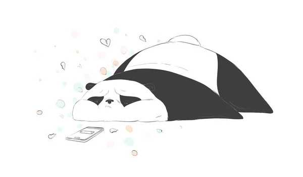 Very sad cute panda waiting sms. Social internet vector illustration