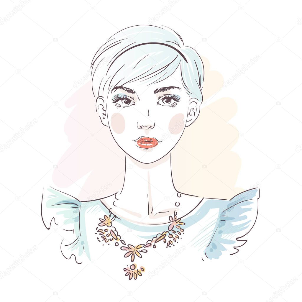 Beautiful blue hair young woman in evening dress. Hand drawn stylish woman portrait. Fashion lady. Sketch.