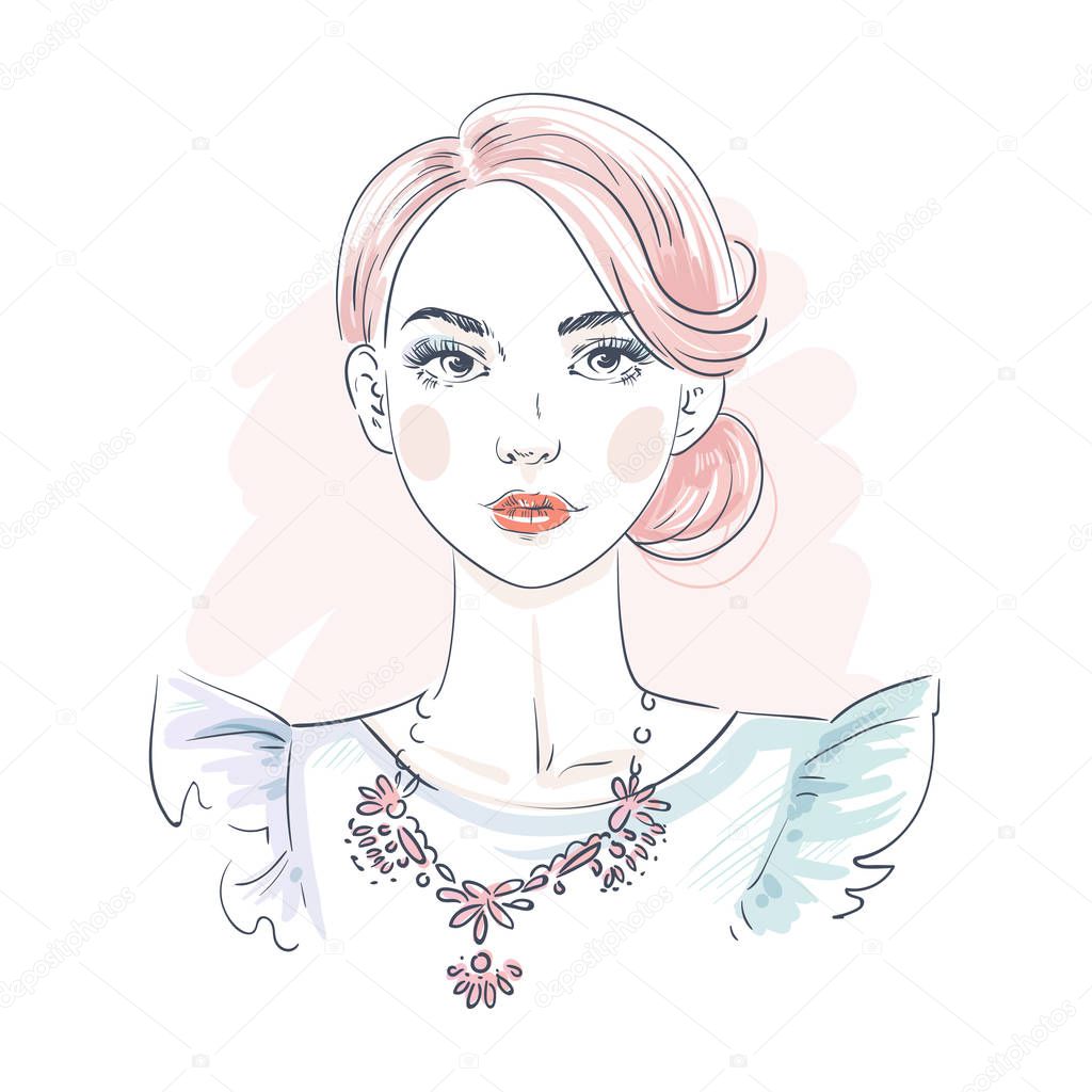 Beautiful pink hair young woman in evening dress. Hand drawn stylish woman portrait. Fashion lady. Sketch.