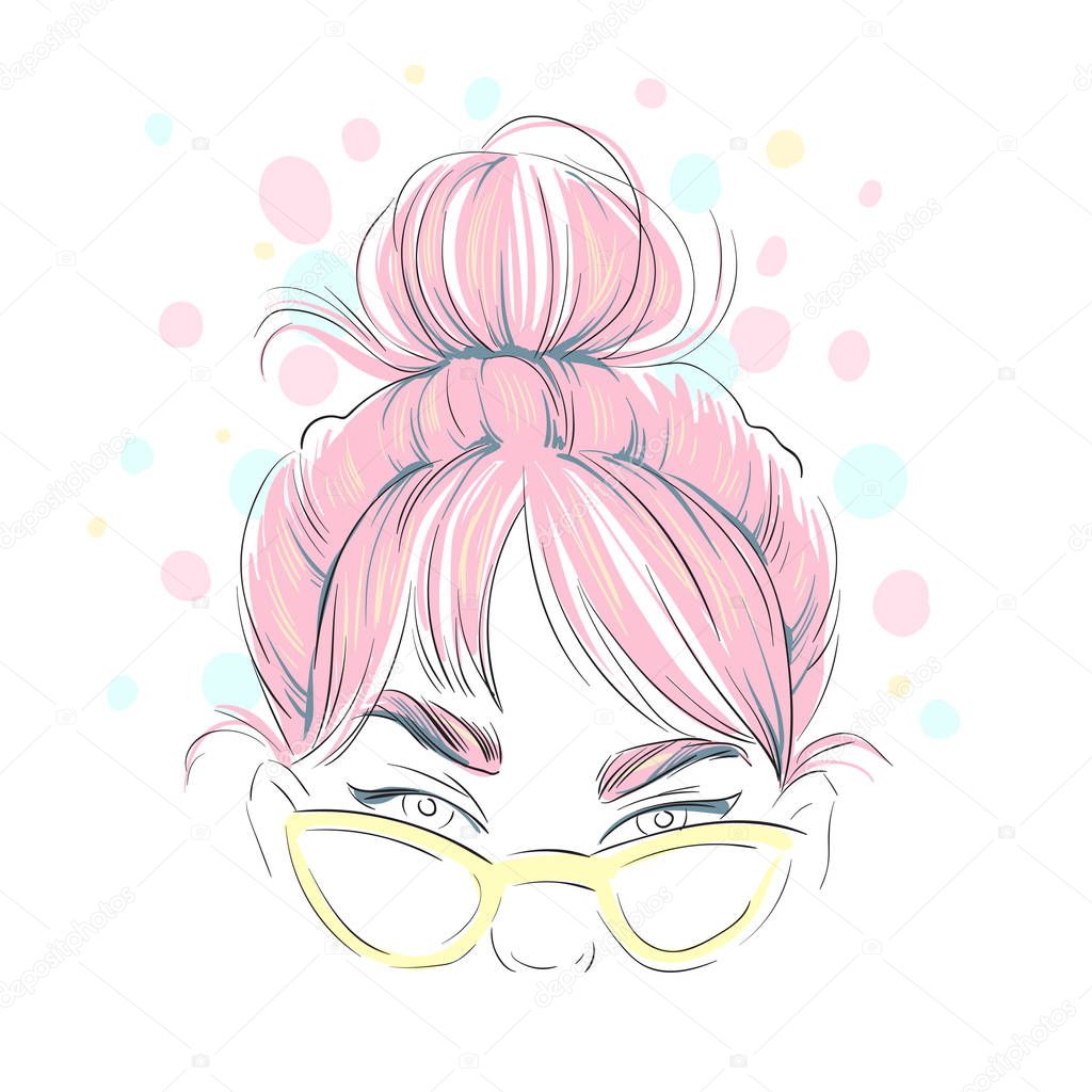 Beautiful pink hair color young woman in glasses. Hand drawn stylish woman portrait. Fashion lady. Sketch.