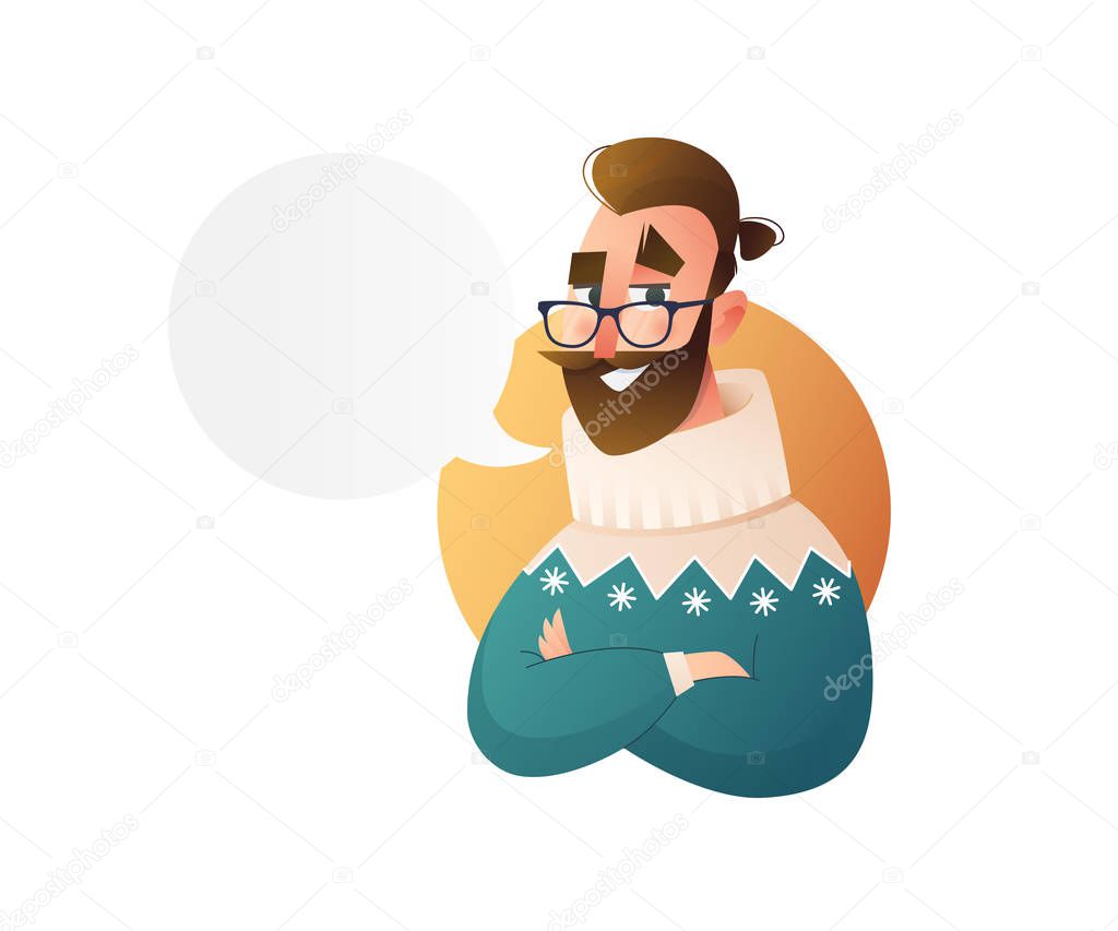 Handsome flat design set template with vector hipster man with a beard in winter clothes in cartoon style. Christmas banner elements.