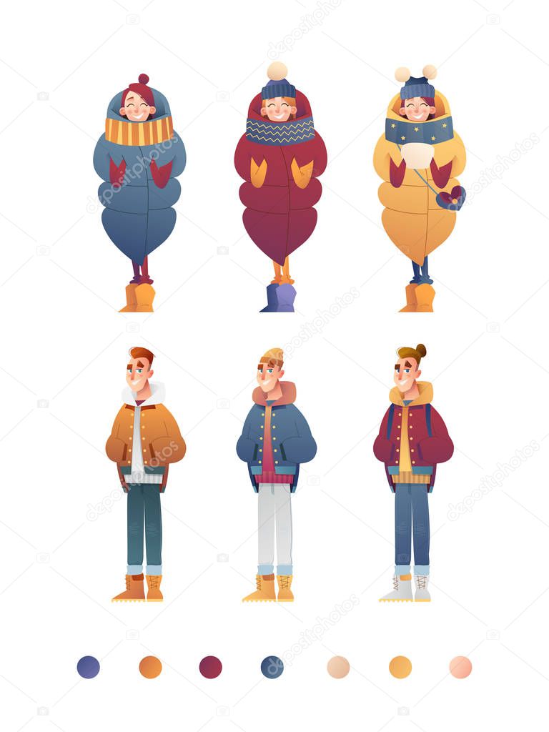 Beautiful flat design set template with vector girls and boys in winter clothes in cartoon style. Christmas banner elements.