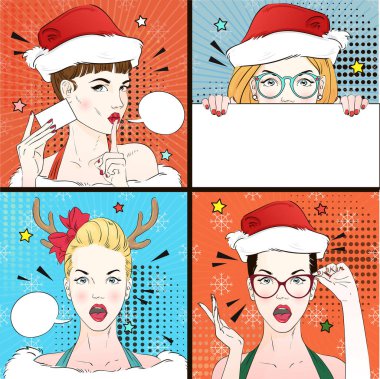 Pop Art Vintage reklam xmas poster komik kız kedi gözüne gözlük ve kırmızı santa şapka beyaz bir afiş tutar. Vektör çizim